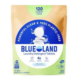 BLUELAND Laundry Detergent Tablets, 120 Count, Plastic-Free Eco-Friendly Pods, Sheets, Liquid Alternative - Fragrance Free and Clear, Natural, Gentle