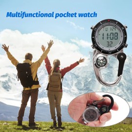 VOSO Carabiner Watch Multifunctional Luminous Clip on Carabiner Watch Mini Quartz Watch Compass, Clip On Luminous Multifunctional Carabiner Watch for Outdoor Activities (Silver with Black Frame)