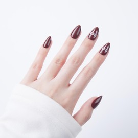 Nka Press on Nails Kit, 30 Premium Quality Gel Reusable Fake False Acrylic Short French Press on Nail, Bordeaux Bow