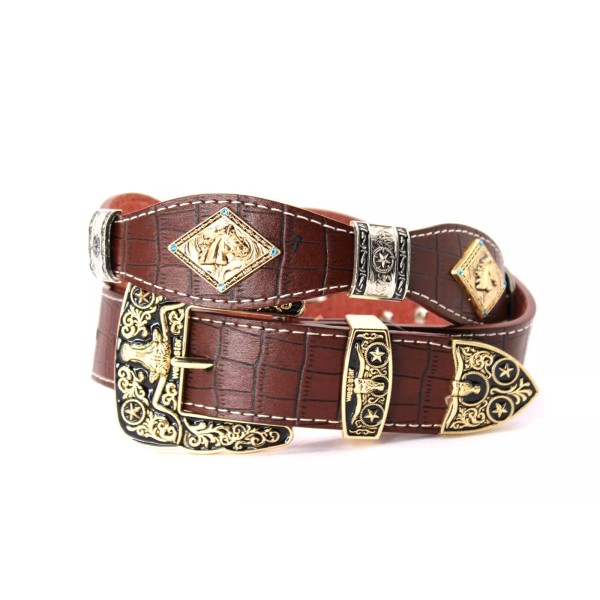 West Belt Coffee Silver With Horse Gold Concho Crocodile Pattern