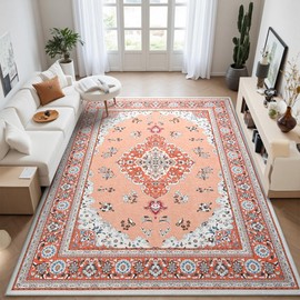 Tepook Large Washable Area Rug for Living Room, 4x6 Red Boho Rugs for Bedroom, Non-Slip Thin Low Pile Vintage Throw Carpet for Office Dining Room Kitchen Home Decor