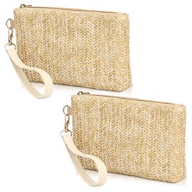 Chihutown 2 Pieces Straw Purse, Womens Straw Clutch Bag, Zipper Wristlet Straw Wallets (Beige)