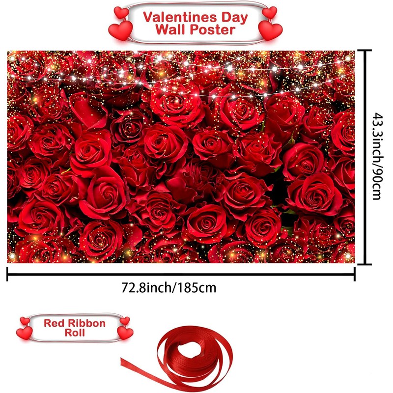 Red Rose Valentine's Day Banner Backdrop, Valentine's Day Party Decorations,