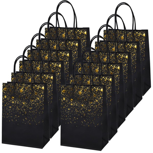 AvoDovA Bronzing Paper Bags, 12 Pcs Bronzing Black Kraft Paper Party Bags Gold Stars Kraft Paper Party Bags with Handle Candy Bags Lunch Bags Black Party Favor Bags Flat Bottom Bags Grocery Bags with Handle for Parties Celebrations Birthday Wedding