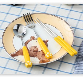 TSQIBU Tableware Spoon, Fork, Chopsticks, Spoon and Fork, Set of 3, Tableware Set with Storage Box, Lunch Box, Cute Cat Paw (yellow)