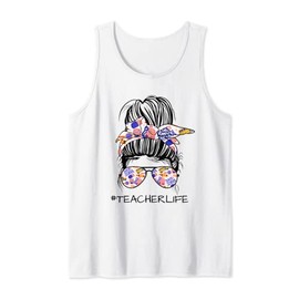 Teacher Life Messy Bun Back To School Supplies Sunglasses Tank Top