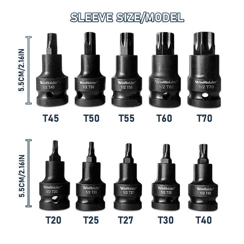 WinHolder 10pcs Impact Torx Bit Hex Bit Socket Set 1/2''