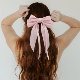 Sttiafay Hair Ribbons for Women Large Satin Bow Barrettes Silky Satin Hair Bow Clips Pink Bowknot Hair Clip Long Tail Bow Hair Accessories Silky French Hair Ribbon Barrettes Headpieces
