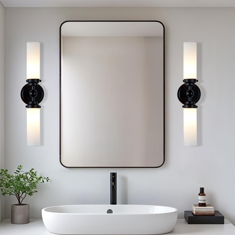 Double Cylinder Glass Wall Sconce,Modern Steel Bathroom Vanity Light, Spherical