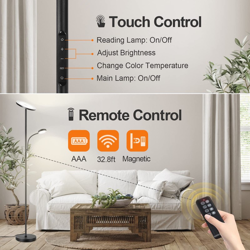 OUTON LED Floor Lamp, 27W/2400LM Modern Torchiere Lamp & 7W/