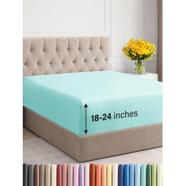 Extra Deep Queen Fitted Sheet - Hotel Luxury Single Fitted Sheet Only - Easily Fits 18 inch to 24 inch Mattress - Ultra Soft, Wrinkle & Fade Free w/Extra Deep Pockets - Breathable & Comfy - Spa Blue