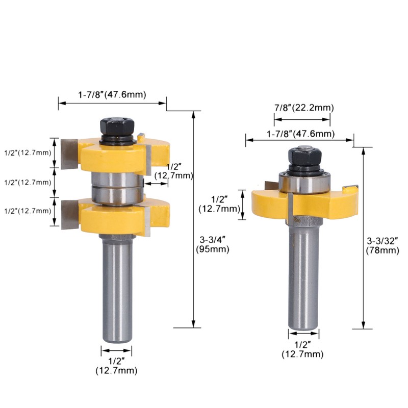 2Pcs Tongue Groove Router Bit T Shape 3 Teeth 2