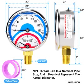 MEANLIN MEASURE 0-160Psi Stainless Steel Thermal Pressure Gauge 30-250℉ Liquid Filled Pressure Gauge 1/4" NPT 2.5" FACE DIAL, with Teflon Tape, Lower Mount