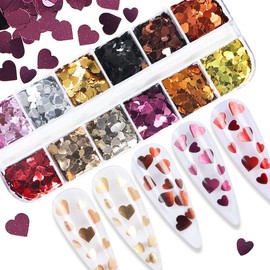 12 Grids Heart Nail Stickers - Hearts Nail Decals for Women - Retro Love Heart Nail Glitters 3D Nail Art Supplies Holographic Shiny Gold Nail Sequins for Valentine's Day Manicure Decorations