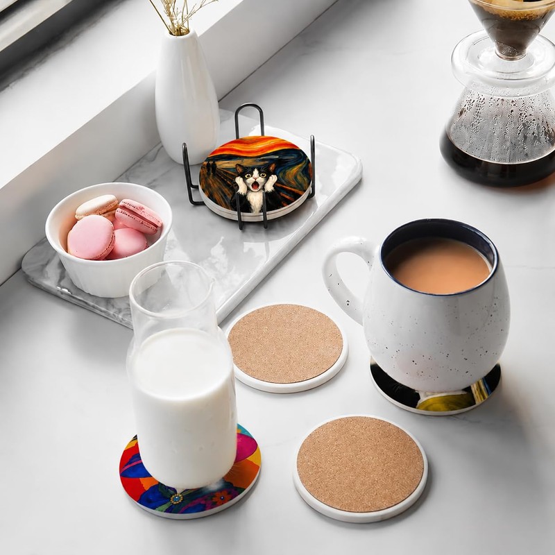 Cat Lover Gift Coasters Set of 6 with Holder -