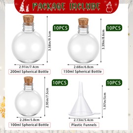 Baderke 30 Pcs Spherical Plastic Potion Bottles for Kids 3, 5, 6 oz Ball Shape Round Sand Art Bottles 10 Pcs Funnels for Wedding Cocktail Ornament Decorative Candy Jar DIY Crafts(Wood,Cork Topper)