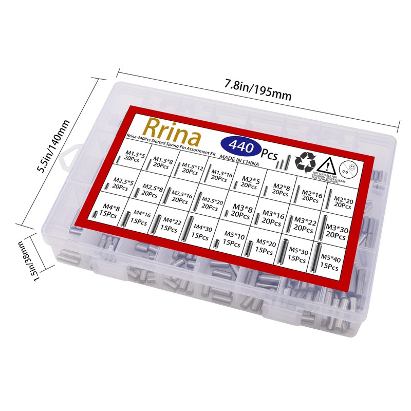Rrina 440Pcs 304 Stainless Steel Slotted Spring Pin Assortment Kit,