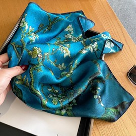 FEIBOON Mulberry Silk Scarfs Neck Scarf 21"x21" Small Square Scarfs hair scarf bandana for Women Gift Packed (Blue green flowers)