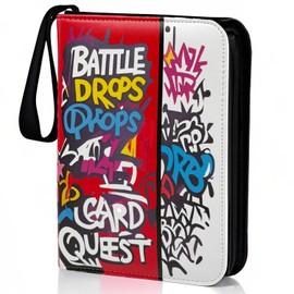YCUSTBAG 400 Card Binder for Trading Cards, 4-Pocket Card Holder with Zipper & Handle, PU Leather Design Album for Kids Collectible Card Storage (Graffiti style)