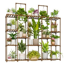 Bamworld Large Plant Shelf Plant Stand Indoor 62.2" Tall Outdoor Plant Holder Wood for Multiple Plants Hanging Plant Rack for Living Room Garden Balcony