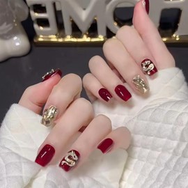 Press On Nails, Beauty Pattern Fake Nails, Summer Cute Stick on nails, Short Square Almond Ballet Shape Glue on Nails on 24PCs (Red Gold Dargon)