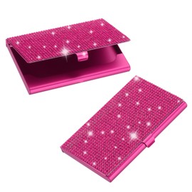 PATIKIL Bling Alloy Business Card Holder, 2Pcs Rhinestone Name Credit Card Organizer Bling Pocket Display for Women Office Exhibition, Rose Red