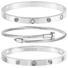 Camhanno Gold Bracelets for Women - Crystal Stackable Bangles with Friendship & Love Theme - Stainless Steel Jewelry, Ideal Birthday Gift, Medium, Stainless Steel, Rhinestone