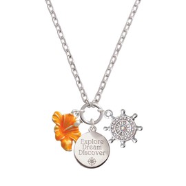 Delight Jewelry Silvertone Hot Orange Hibiscus Flower Explore Dream Discover Zoey Charm Necklace, 28"