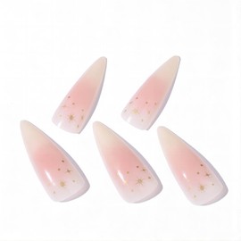 RUOKEXIN Almond Press on Nails Long Stiletto Fake Nails Pink Ombre Acrylic False Nails with Designs Gold Star Glossy Artificial Nails Summer Nail Press ons Natural Cute Stick on Nails for Women 24Pcs