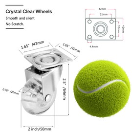 4 Pack Swivel Caster Wheels for Furniture, 2 Inch Heavy Duty Castor Wheels, Crystal Clear Polyurethane Rolling Castors with 360 Degree Plate for Cabinet,Ottoman,Bench (Not for Chair Legs)