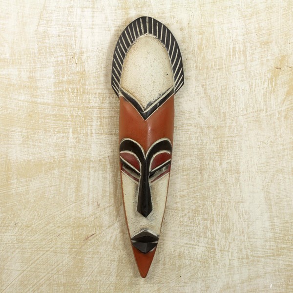 NOVICA White and Red Hand Carved Painted Wood Wall Mask, Protect The Forest'