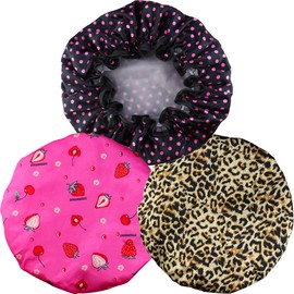 3 Pack Reusable Bath Hair Caps With Silky Satin Waterproof Reusable Bath Caps Hair Cap Elastic Band Bathing Shower Hat Waterproof Double Layered Shower Cap for Women Hair Care
