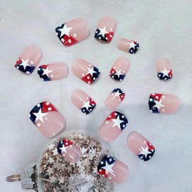 24Pcs USA Independence Day Press on Nails with Polka Dots Star Design, Short Square Fake Nails Stick on Nails 4th of July Glue on Nails French Nail Tip Five-Pointed Star Fake Nails for Women