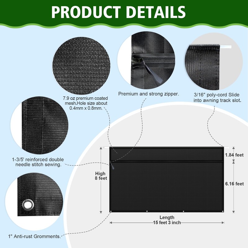 Dulepax RV Awning Shade Screen with Zipper 8'X15'3'' -Second Generation
