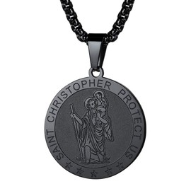 FaithHeart Stainless Steel Men’s Necklace with Saint Christopher/Saint Paul/Saint Anthony/Saint Thomas/Saint Patrick/Saint Joseph/Saint Augustine, Silver/18K/Black, Oval/Round, 01 Saint Christopher, 06 Black/Round