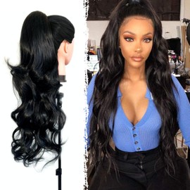 Haargummi, Pferdeschwanz, schwarz, natürlicher Effekt, gewellter Pferdeschwanz, einfache Anwendung mit Clip, lockiges Haar, 70 cm