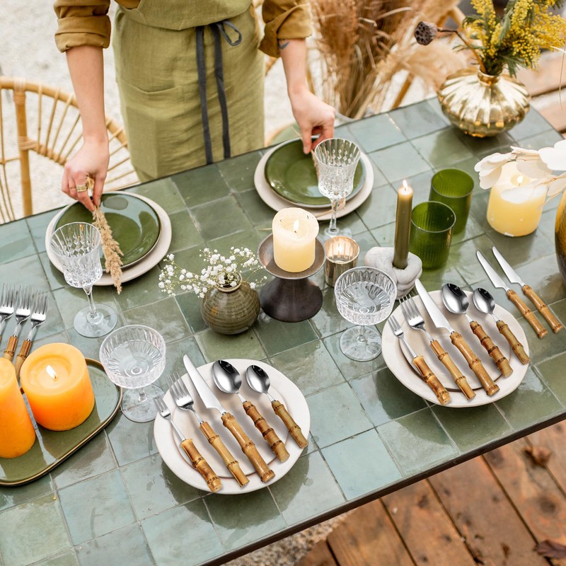 Bamboo Silverware Set 18/8 Stainless Steel Tableware Set Natural Bamboo