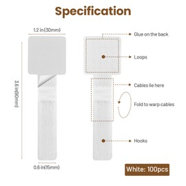100pcs Hook and Loop Cable Ties, gliship Adhesive Wire Management, Adjustable Cable Straps Cord Wrappers Keeper Cord Holder, Sticky-Back Cord Organizer for Kitchen Appliances at Office, Home - White