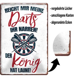 Tin Sign with Funny Saying: "Reich Mir Meine Darts Ihr JARREN! der König HAT Laune!" Decorative Bar Pub Sign Counter for Darts Fans Gift Idea 20 x 30 cm