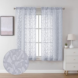 Lecloud Leia Light Grey Sheer Curtains 63 Inch Length 2 Panels, Jacquard Leaf Textured Light Filtering Voile Curtains with Dual Rod Pockets, Kitchen/Bedroom Window Drapes, 40 W x 63 L