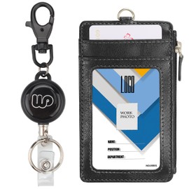 Wisdompro® Heavy Duty Retractable Reel with Vertical 2-Sided Zipper Pocket PU Leather ID Badge Holder and Key Ring