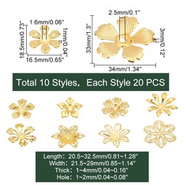 PandaHall 200pcs Flower Bead Cap, 10 Styles Bead End Caps Filigree Spacer Beads Caps Metal End Charm Tibetan Caps for DIY Earrings Bracekets Necklace Jewelry Craft Making, Golden