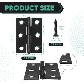 Anstore Pack of 10 Stainless Steel Hinges 44 x 32 x 1 mm, Folding Rear Hinges Connectors, Stainless Steel Door Hinge Black with 72 Screws 5 x 15 mm for Cabinets, Windows, Doors