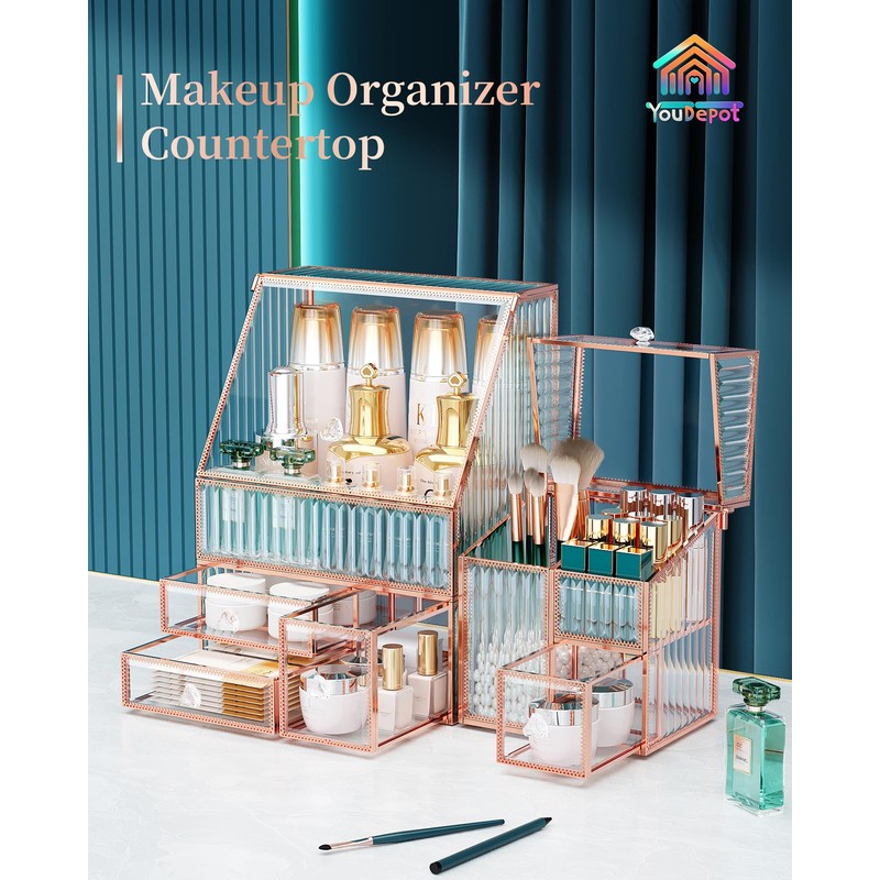 Youdepot Glass Makeup Organizer - Multi-Functional 3-in-1 Cosmetic Organizer for