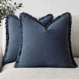 Foindtower Set of 2 Decorative Linen Fringe Throw Pillow Covers Cozy Boho Farmhouse Cushion Cover with Tassels Soft Accent Pillowcase for Couch Sofa Bed Living Room Home Decor, 16×16 Inch, Navy Blue
