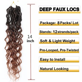 14 Inch Deep Faux Locs Crochet Hair - 8 Packs Goddess Locs with Curly Ends, Pre - Looped Deep Wavy, Soft Faux Crochet Braids for Black Women T30
