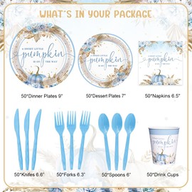 AIBIIN 350Pcs Fall Pumpkin Baby Shower Decorations for Boys, Boho Floral Pampas Grass Little Pumpkin Party Supplies Disposable Tableware Set Plates Napkins for Baby Shower