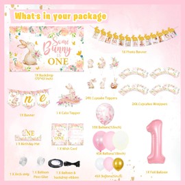 LXlucktim Some Bunny Is One Birthday Party Supplies, 154 Pcs Bunny Party Decorations for Boys Girls Baby - Backdrop, Photo Banners, Cupcakes Wrappers, Balloons, Highchair Banner, Crown and Poster