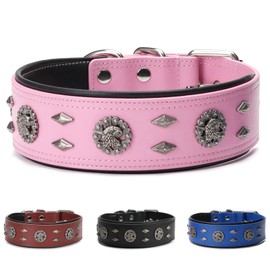 LOIIHEII Premium Leather Dog Collar for Large Dogs - 2-Inch Wide Adjustable Soft Handmade Heavy Duty Collar for Giant Breeds, Durable & Comfortable - Pink (M)
