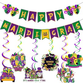 Mardi Gras Party Decorations Happy Mardi Gras Banner with Mardi Gras Hanging Decorations Mardi Gras Party Supplies Banner Foil Ceiling Swirls for Masquerade Party Decorations Mardi Gras Decorations